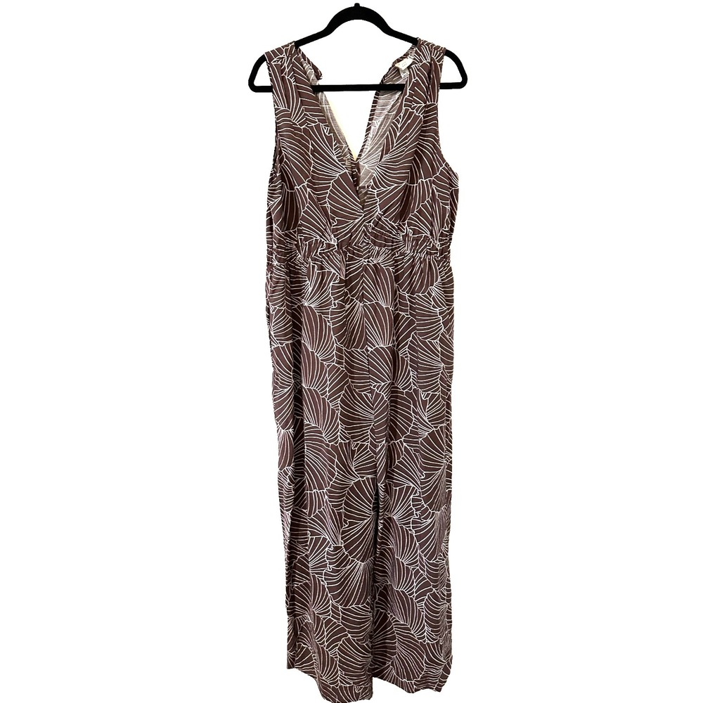 A New Day XL Boho Shell Print Jumpsuit Brown Empire Waist Sleeveless Resort